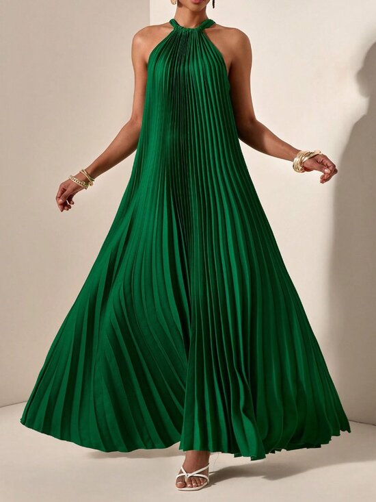 Dresses & Skirts - Green Casual Women's Halterneck Sleeveless Pleated A-Hem Loose Dress